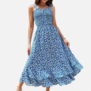 Grace Karin Blue Floral Maxi Dress with Smocked Bodice